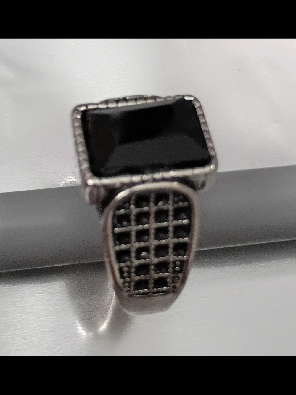 Men's Silver-Tone Signet Ring with Black Stone